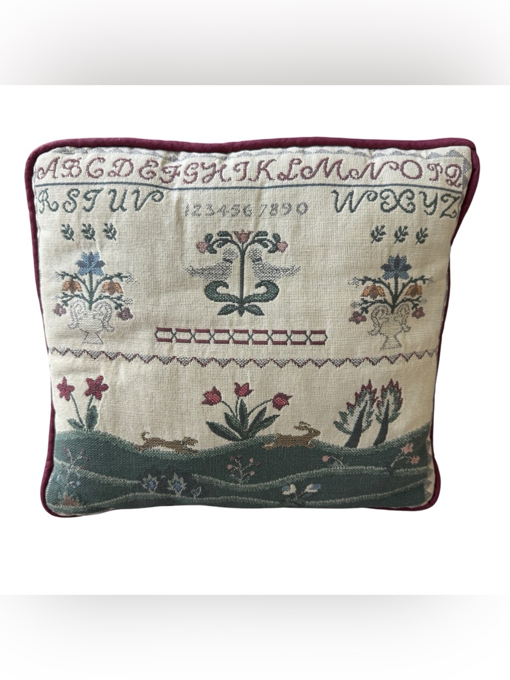 Vintage Folk Art Sampler Tapestry Pillow Cottagecore Grandmillennial Bunny Decor